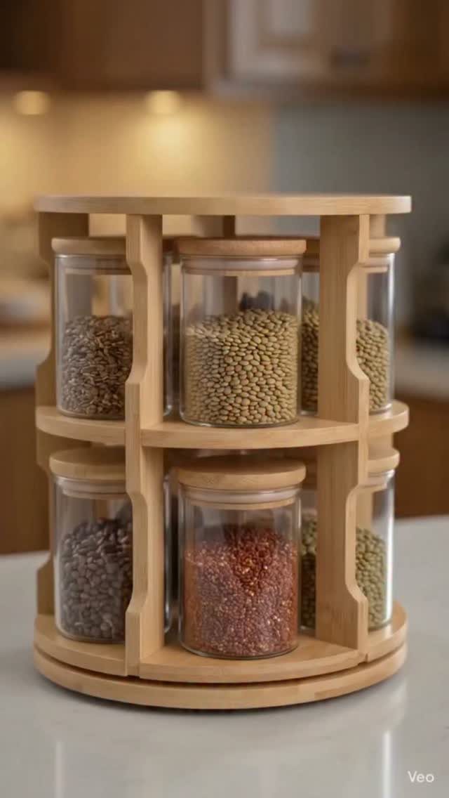 A two-tier wooden rotating lazy Susan holding glass jars filled with various dried grains.