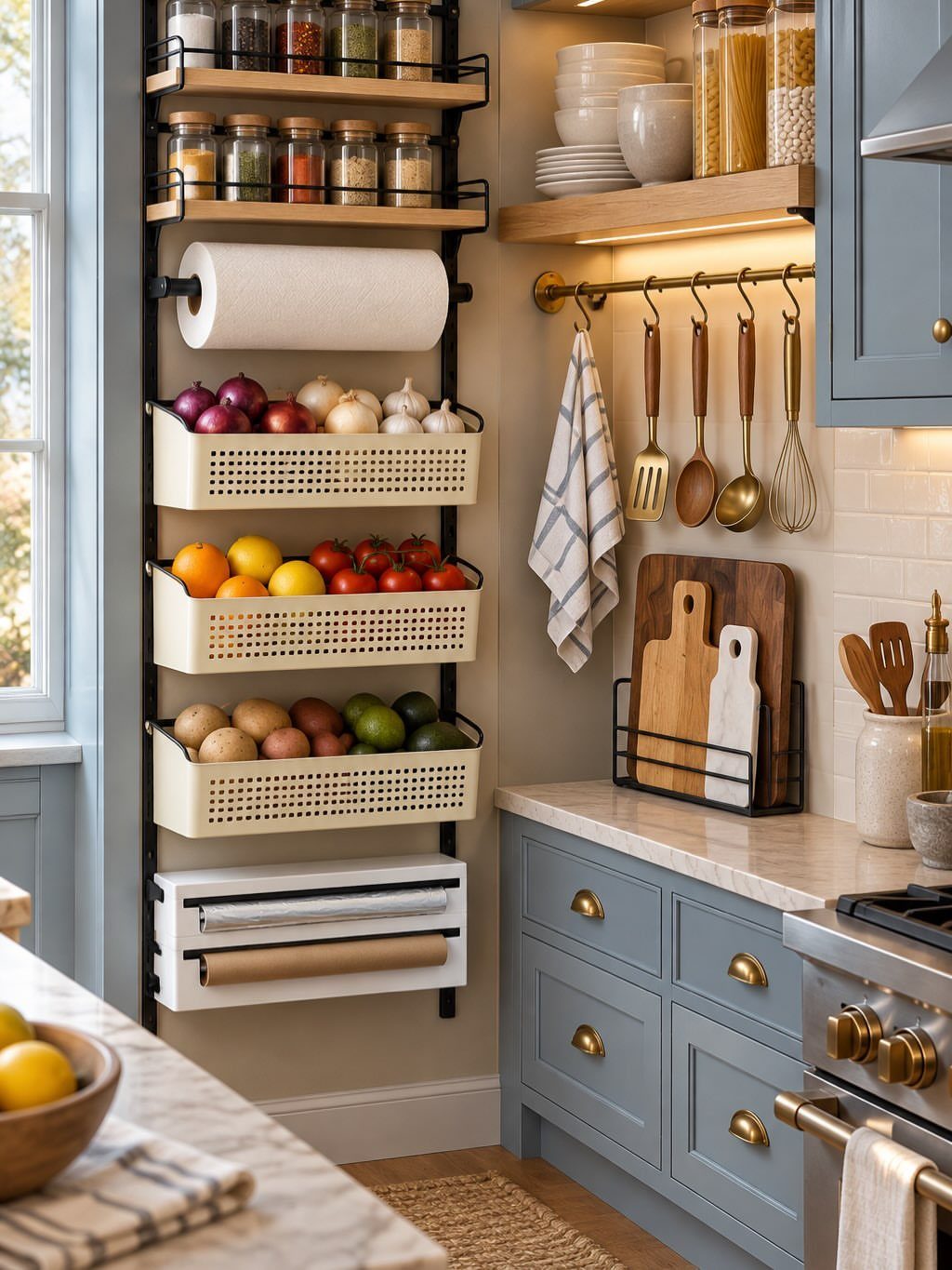 Vertical black metal wall organizer with cream baskets holding various fruits and vegetables in a kitchen.