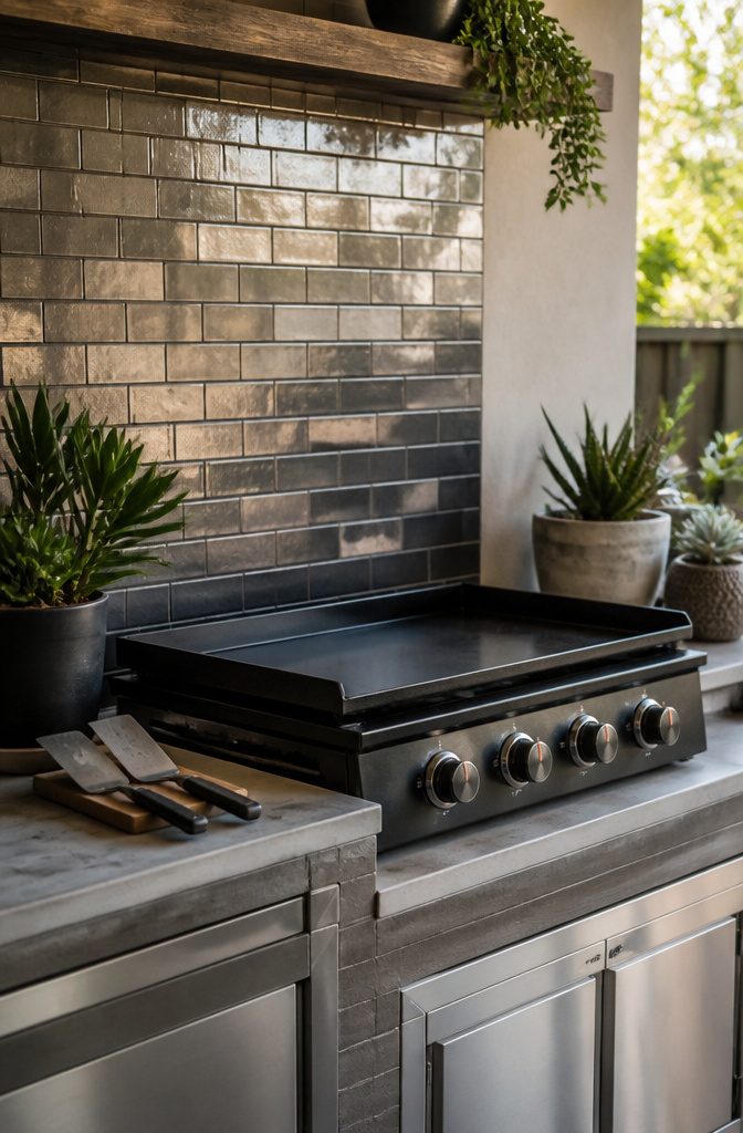 A stylish tiled backsplash behind a Blackstone griddle.