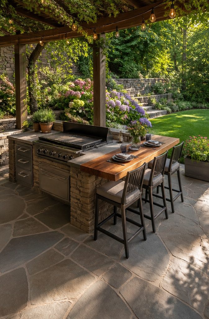 A bar-height ledge adjacent to a Blackstone griddle.