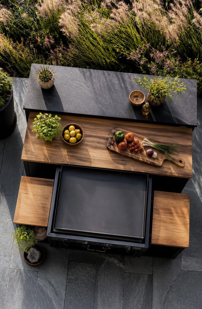 A three-tier counter setup around a Blackstone griddle.