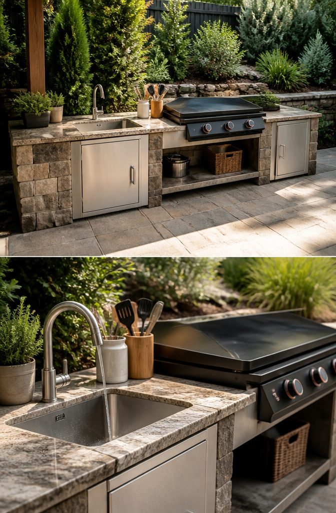 An outdoor sink installed in an outdoor kitchen setup.