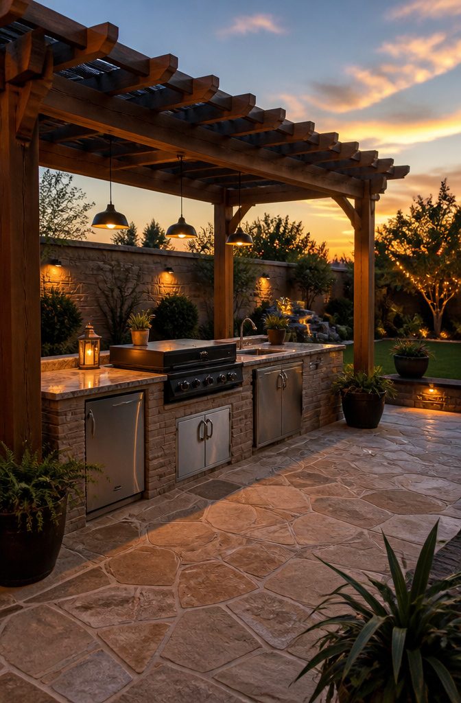 A pergola with lights above a cooking station.