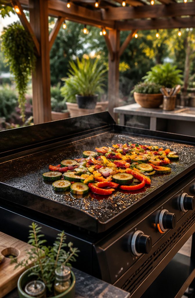 Fresh vegetables being sautéed on a Blackstone griddle.