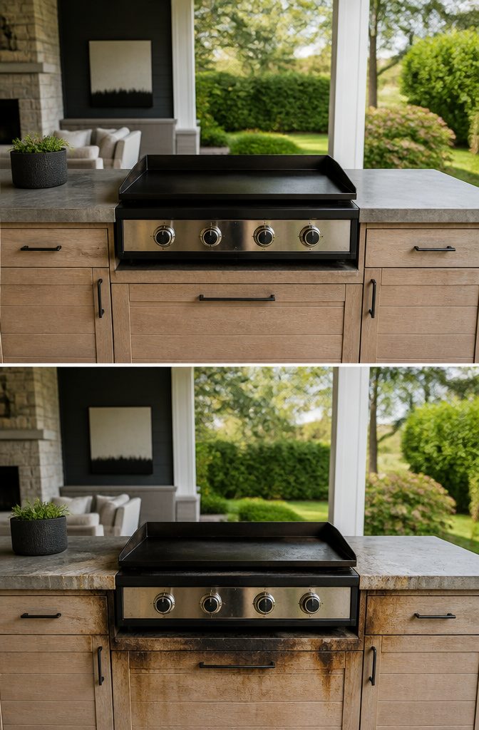 A built-in Blackstone griddle installed in an outdoor kitchen counter.