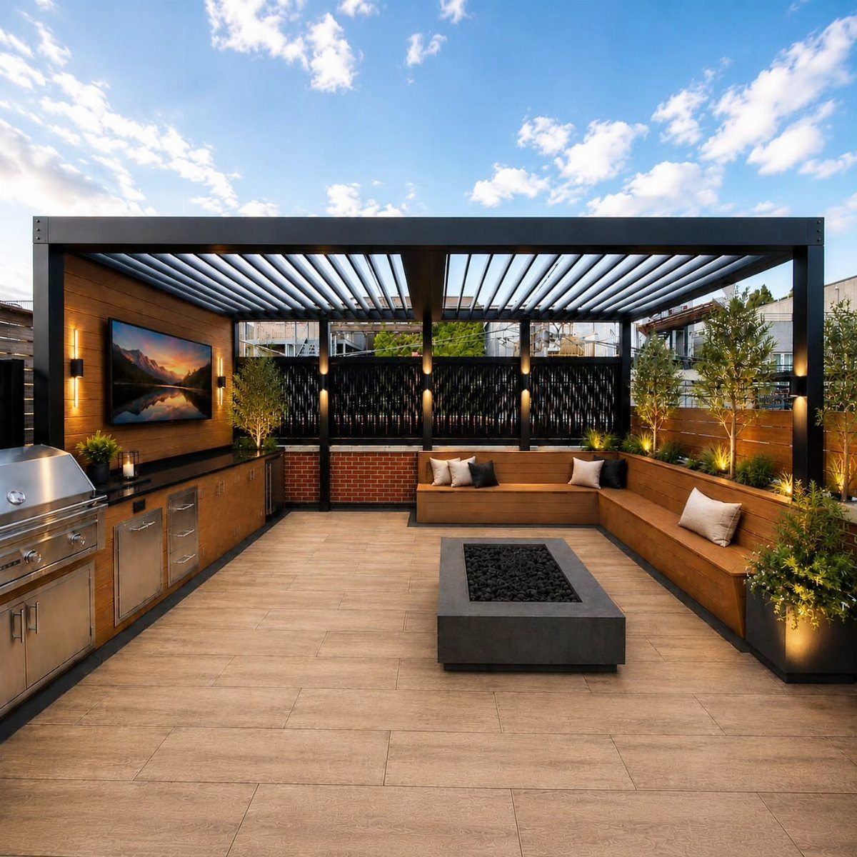 Outdoor patio with black pergola, built-in wooden cabinetry, stainless steel grill, and stone fire pit.
