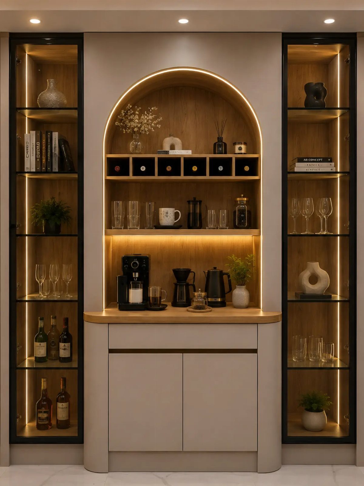 Built-in coffee bar with an arched wooden niche and illuminated glass display cabinets.