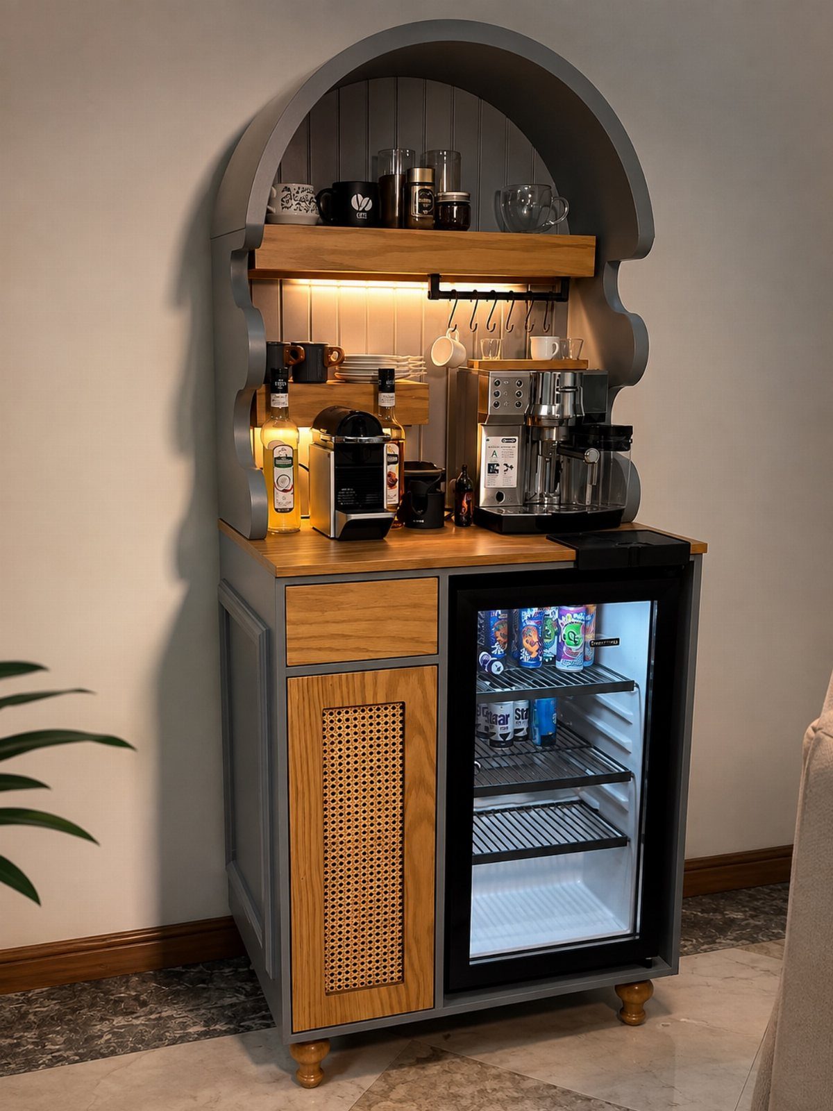 Grey arched coffee bar cabinet with espresso machines and a built-in beverage refrigerator.