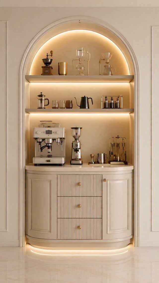 A built-in arched coffee station with illuminated shelves and white cabinetry holding espresso equipment.