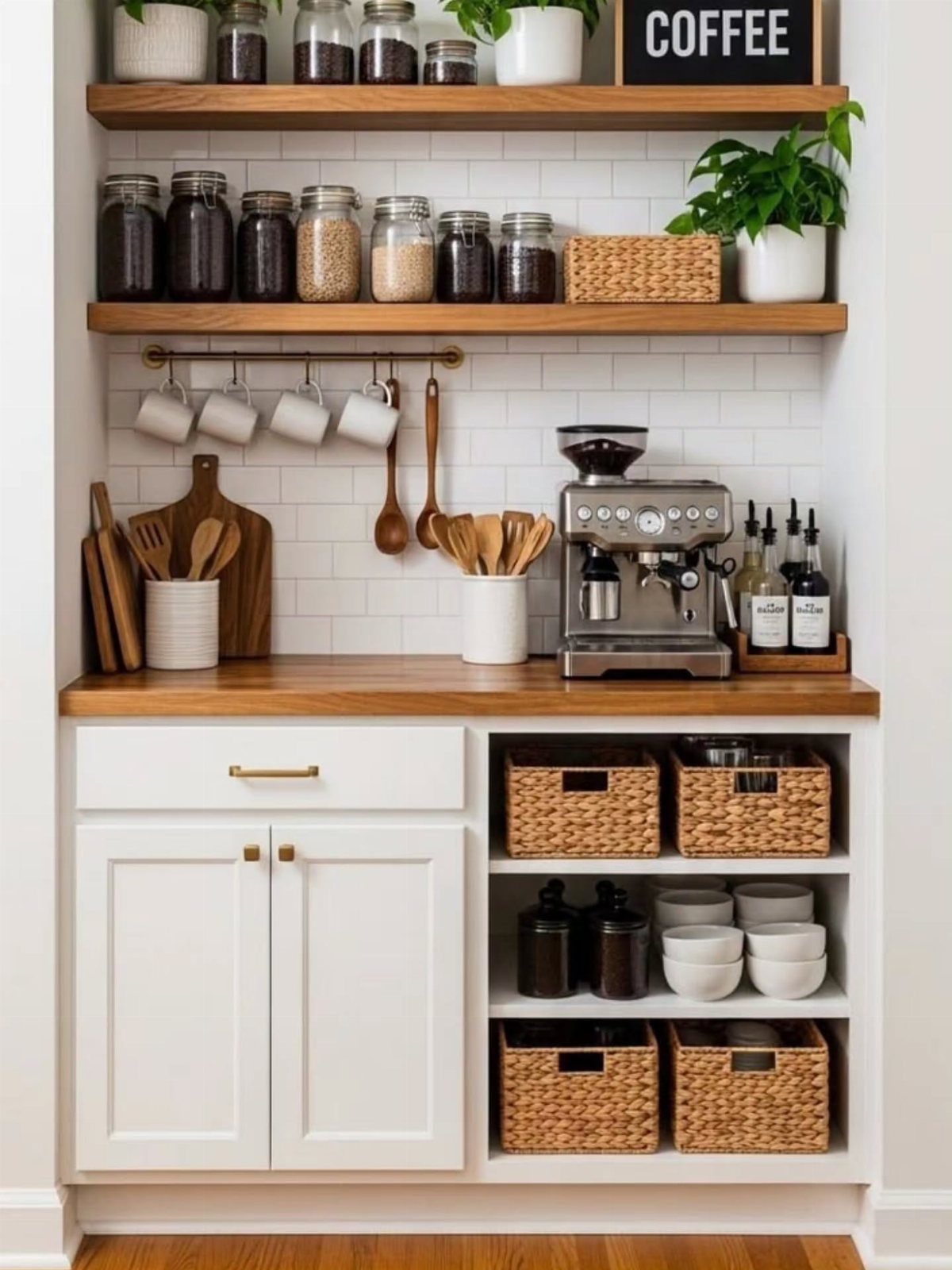 A built-in coffee station with wooden shelves, white tile, and an espresso machine.