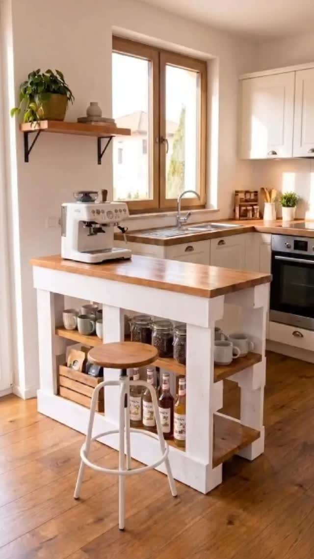 A white wooden kitchen island with wood countertops holding an espresso machine and coffee supplies.