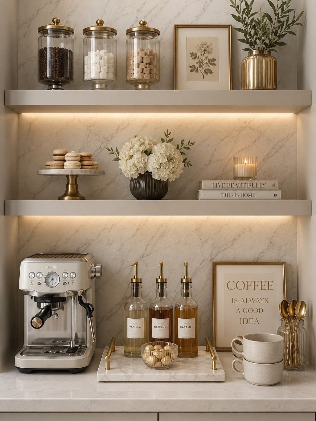 A cream-colored coffee station with an espresso machine, marble shelves, and gold decorative accents.