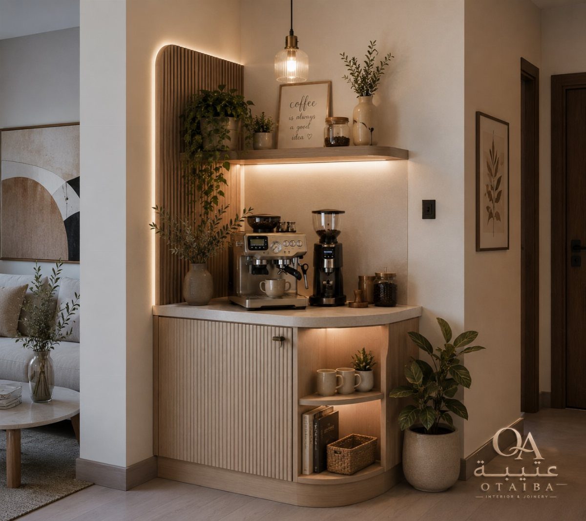 A modern coffee station with a fluted wood cabinet, espresso machine, and warm ambient lighting.