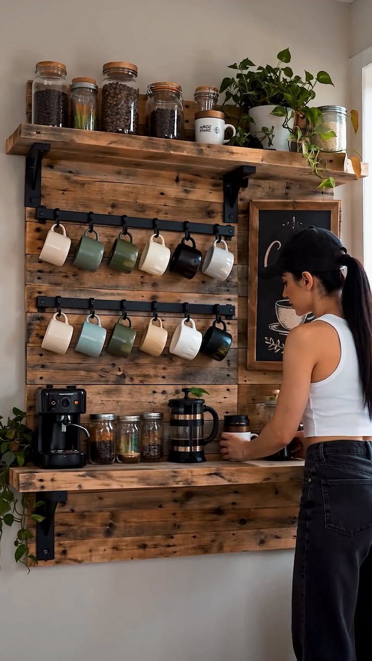 A woman prepares coffee at a rustic wooden wall-mounted coffee station with hanging mugs.