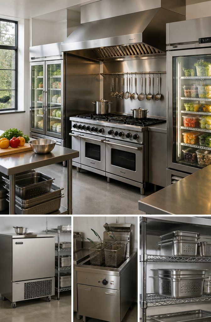 Commercial kitchen equipment including stoves, ovens, and fryers.