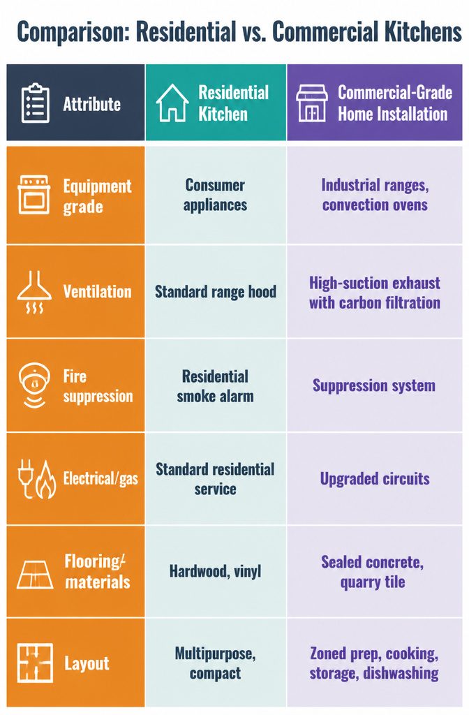 Chart comparing attributes of residential kitchens and commercial-grade installations.
