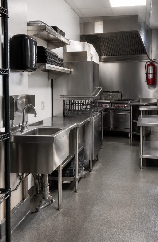 Home commercial kitchen with handwashing station and industrial dishwashing equipment.