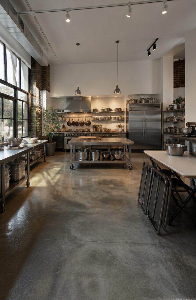 Flexible kitchen layout with movable equipment and expandable prep space.