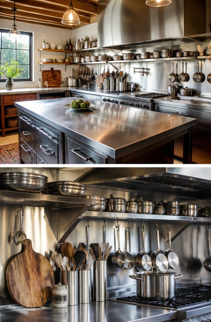 Commercial kitchen featuring stainless steel surfaces and open shelving.