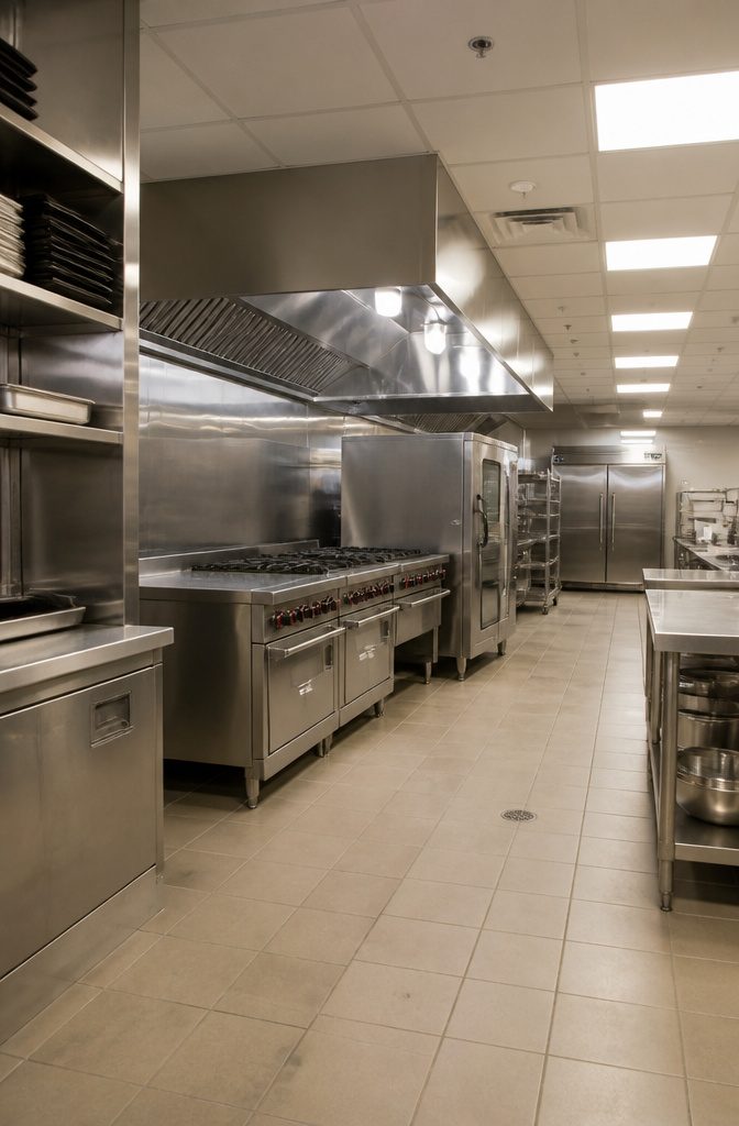 Hotel kitchen featuring a commercial range, convection oven, and walk-in coolers.
