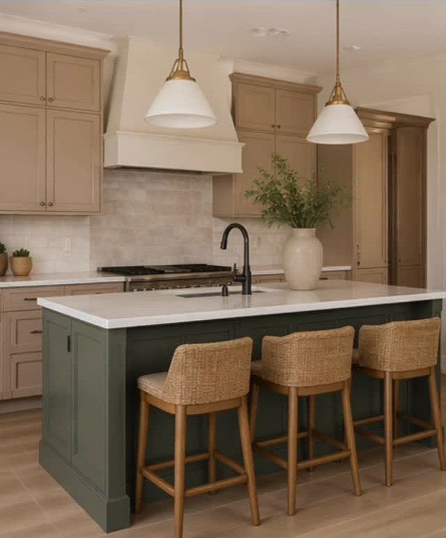 A kitchen with beige cabinetry and a large dark green island with woven bar stools.