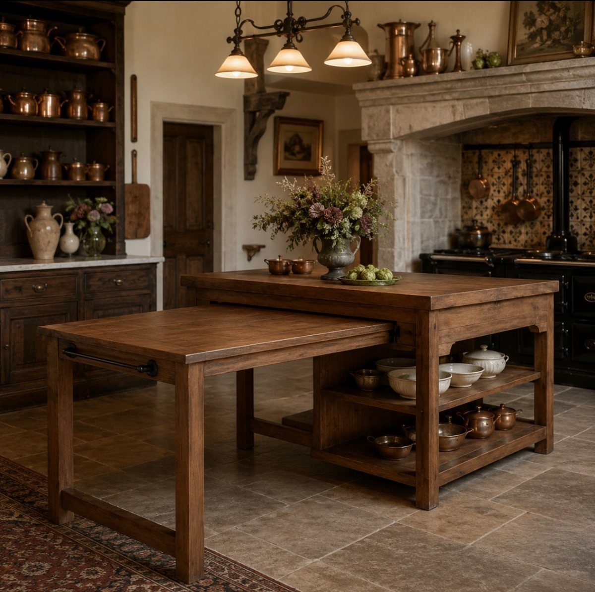 Large wooden kitchen island with open shelving and a matching wooden table in a rustic kitchen.