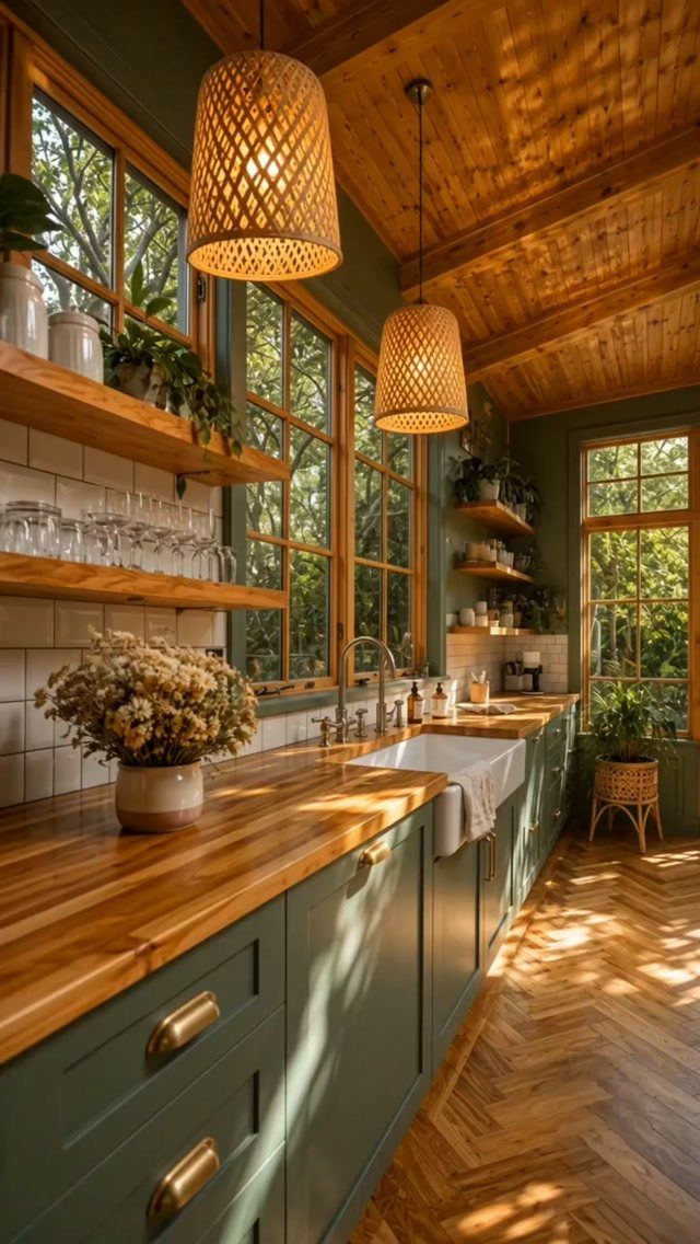 Sage green kitchen cabinets with butcher block countertops and wooden open shelving under woven pendant lights.