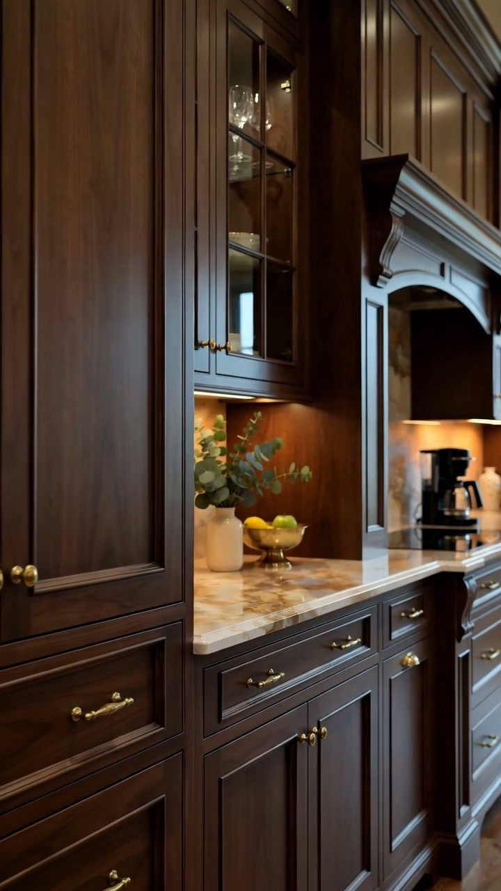 Dark wood custom kitchen cabinets with brass handles and marble countertops in a warm setting.
