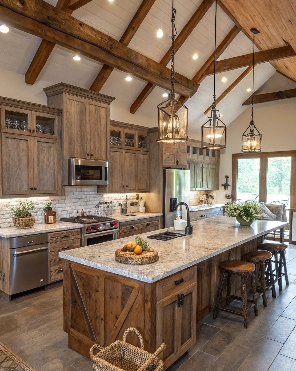 Lantern-style pendant lights hanging over a large marble kitchen island with wooden cabinetry.