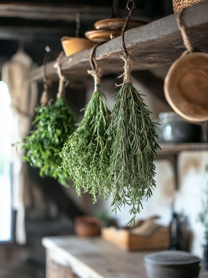 Bundles of fresh green herbs hanging from a rustic wooden shelf by twine.