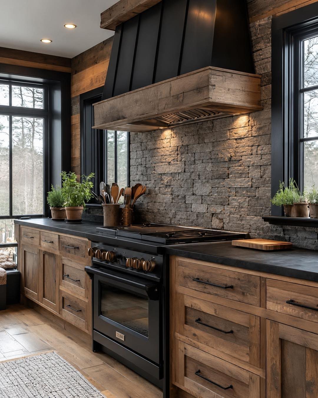 Black vintage-style stove with brass knobs set in a rustic kitchen with stone walls.