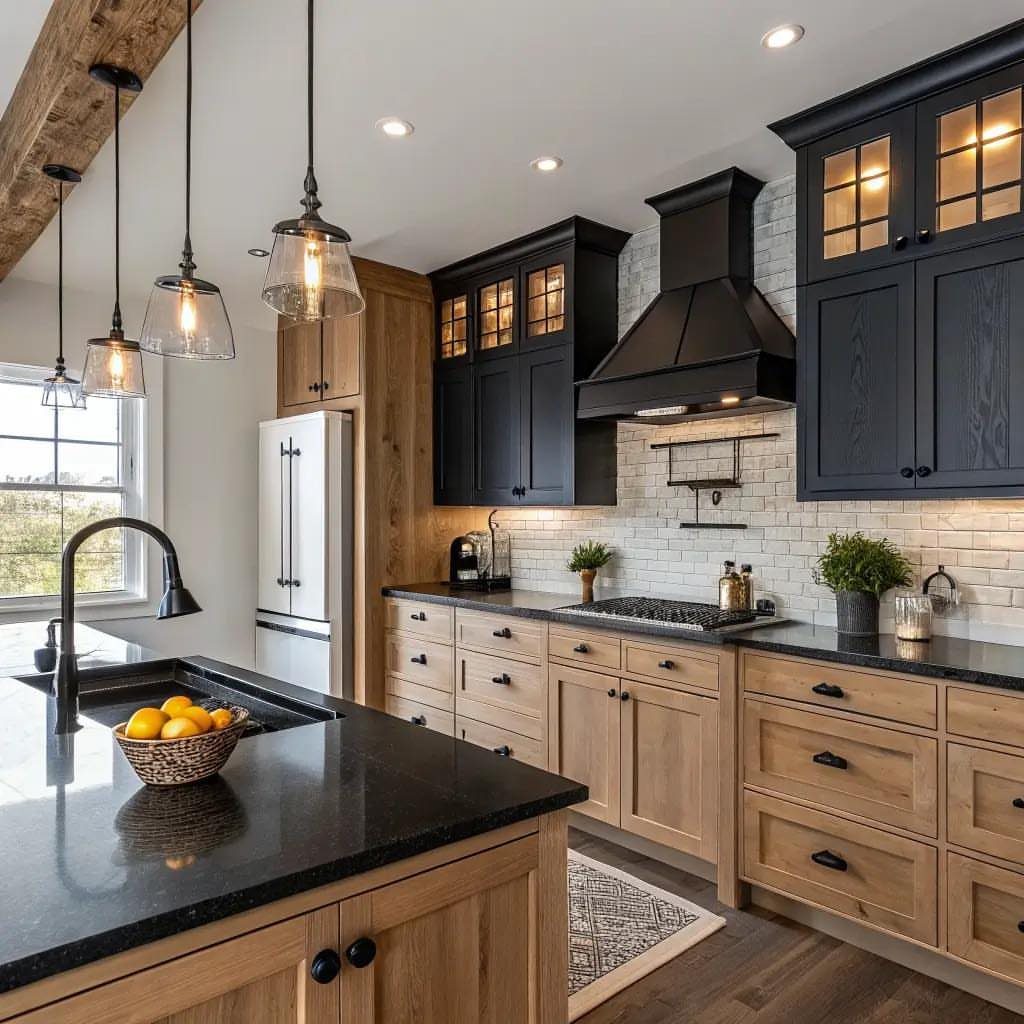 Modern farmhouse kitchen with light wood cabinets, black granite countertops, and dark hardware.