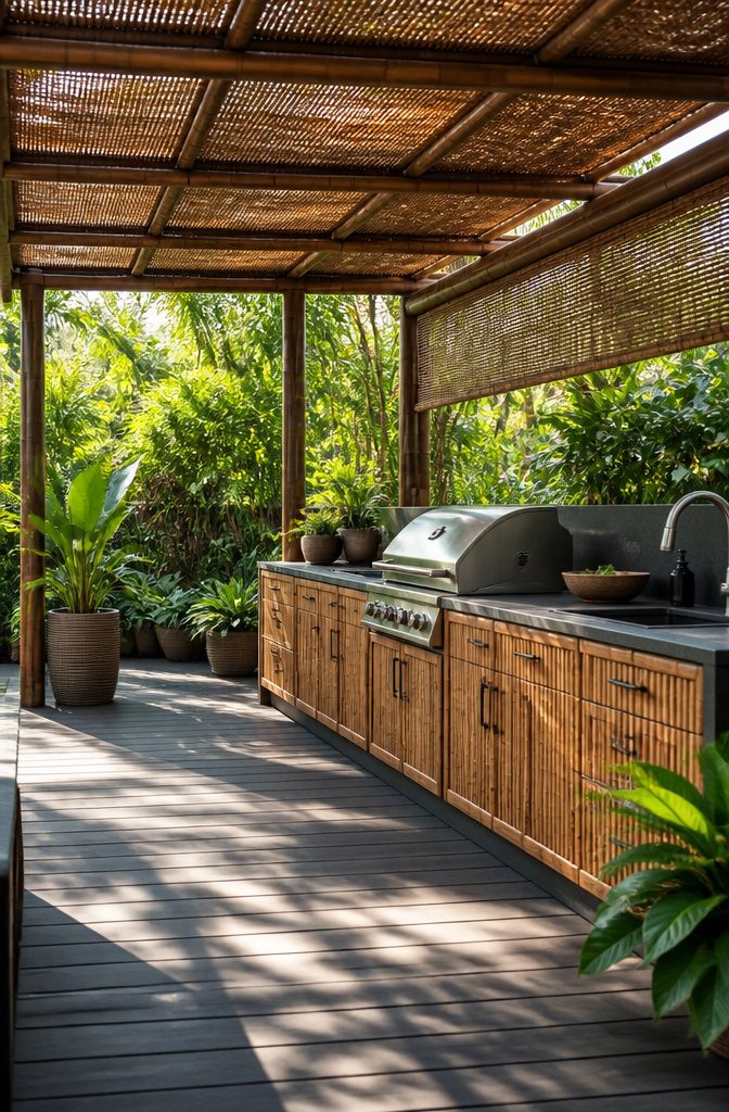 An outdoor kitchen with bamboo cabinetry and surrounding greenery.