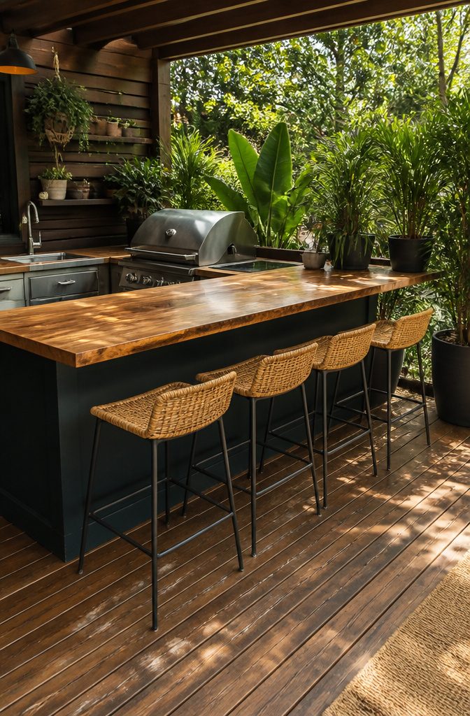 An outdoor bar setup with a counter facing the seating area.