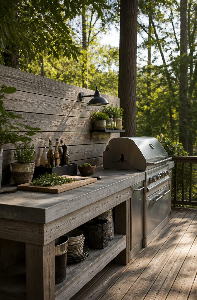 A propane grill against a wooden backdrop with prep space and tools.