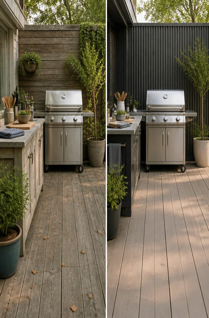 A freestanding grill and built-in units in an outdoor kitchen.