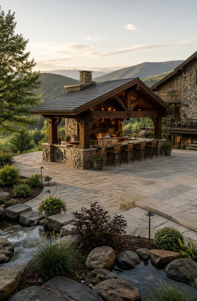 An outdoor kitchen with stone veneer and timber framing.