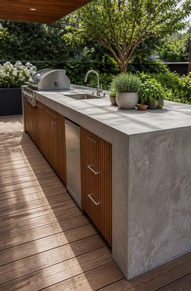 A concrete waterfall countertop edge in an outdoor kitchen.