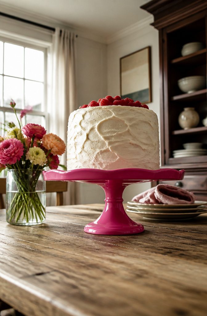 A pink melamine cake stand displaying a frosted cake.