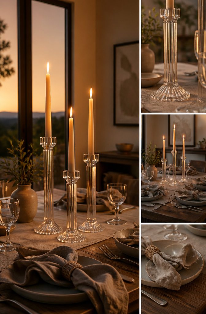 Beeswax taper candles in holders on a dining table.