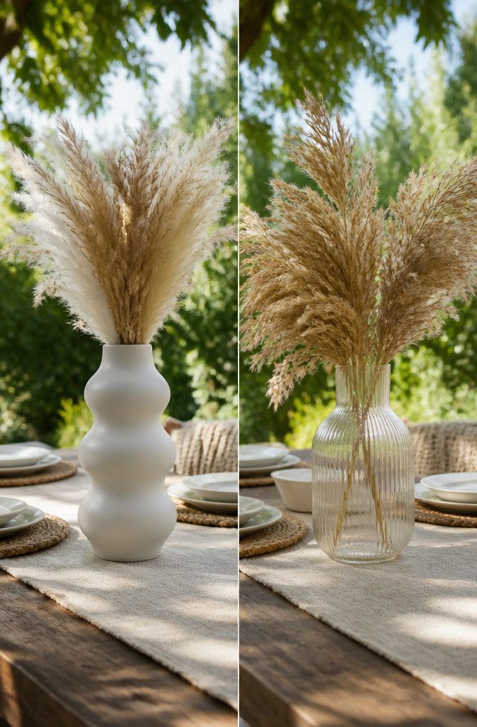 A white ceramic vase with pampas grass on a dining table.