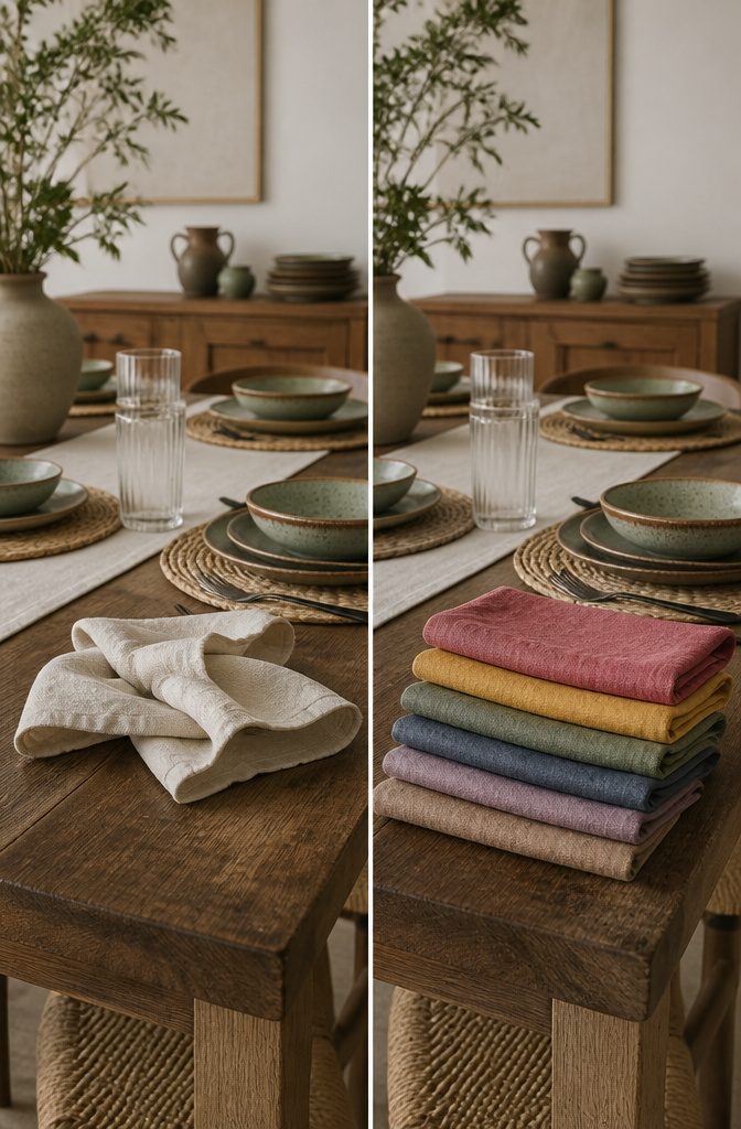 A set of cloth dinner napkins in various colors on a table.