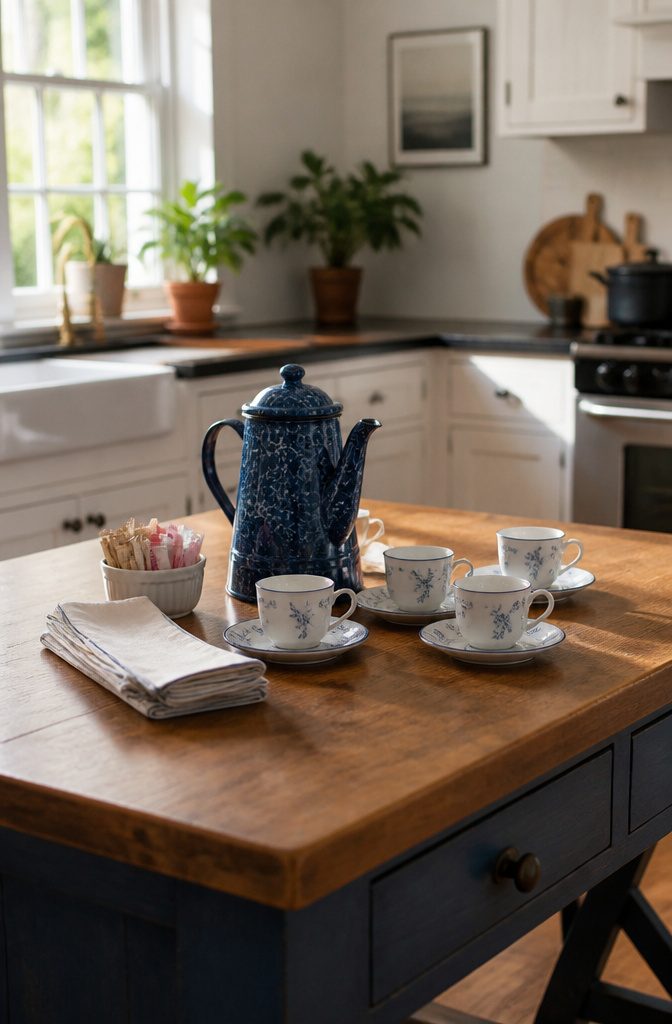A blue enamel coffeepot surrounded by coffee cups on a kitchen island.