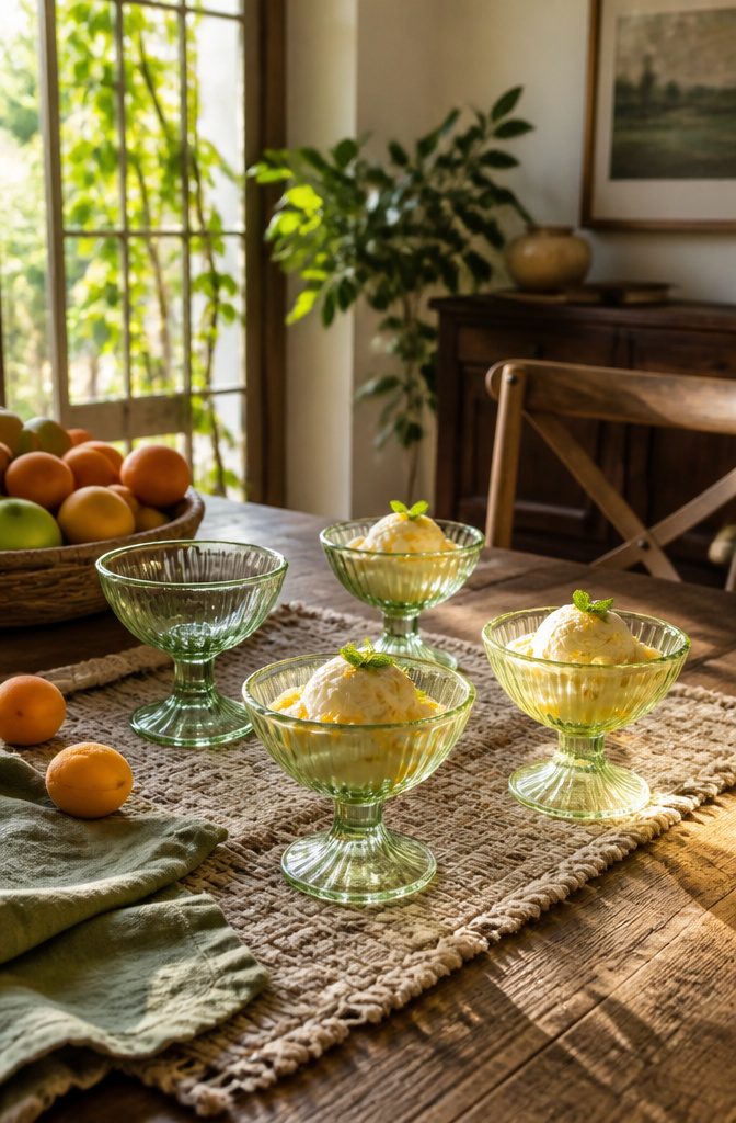 A set of green glass ice cream bowls on a rustic dining table.