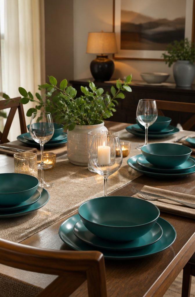 Teal matte dinnerware set arranged on a wooden table.