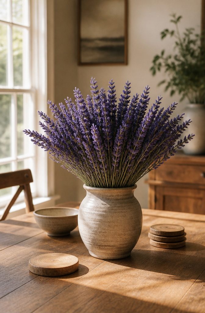 A dried lavender bouquet displayed on a dining table.