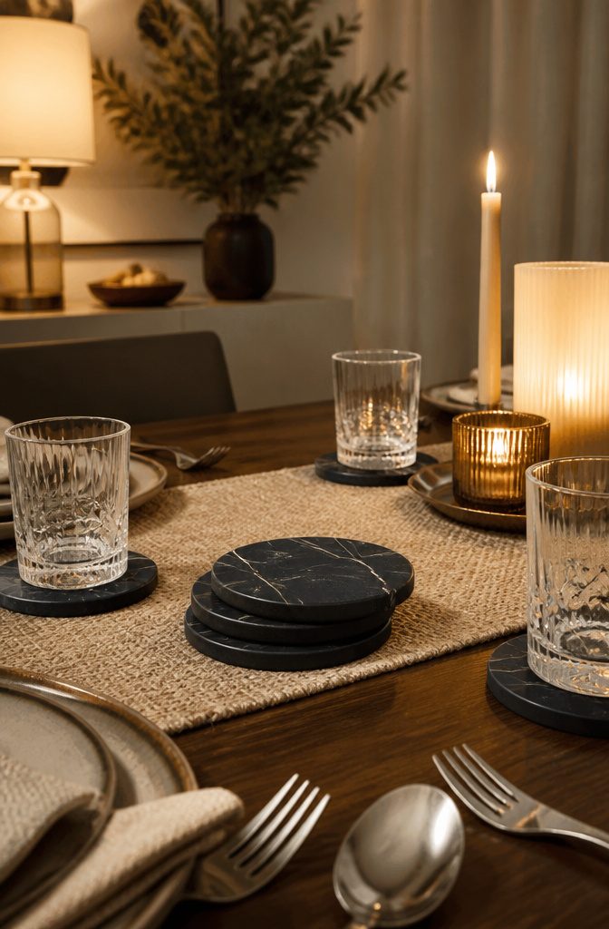 A set of black marble coasters on a mahogany dining table.