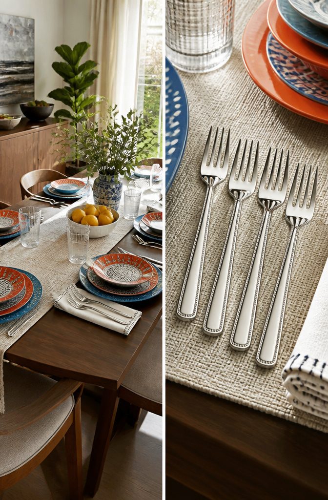 A set of stainless steel dinner forks arranged on a table.