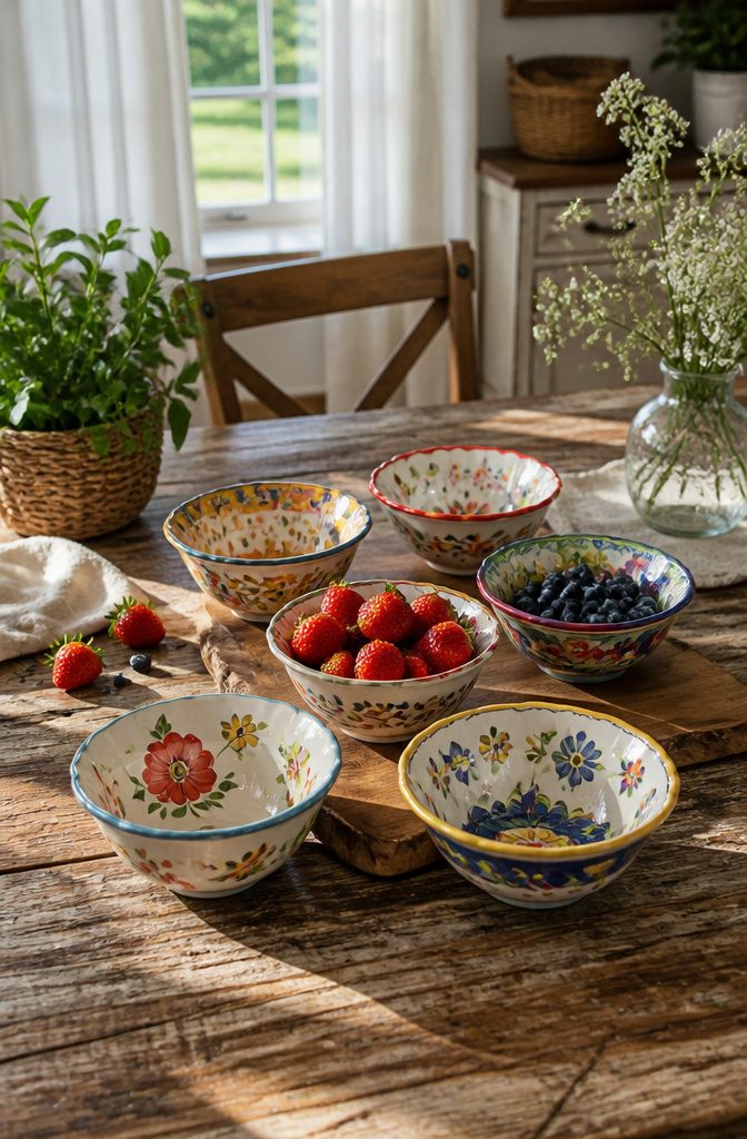 A set of hand-painted fruit bowls with seasonal fruits on a table.