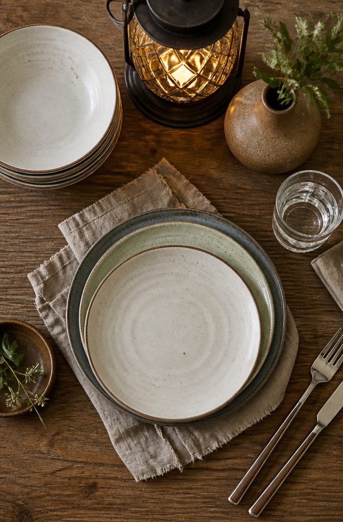 A set of small porcelain dinner plates on a dining table.